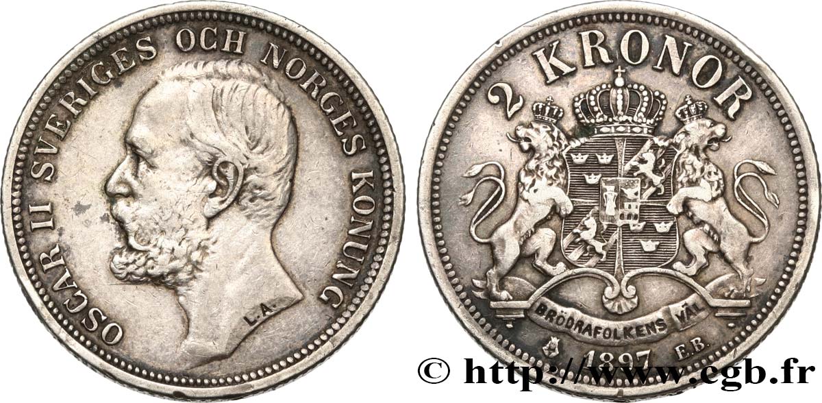 SUÈDE 2 Kronor Oscar II 1897  TTB 