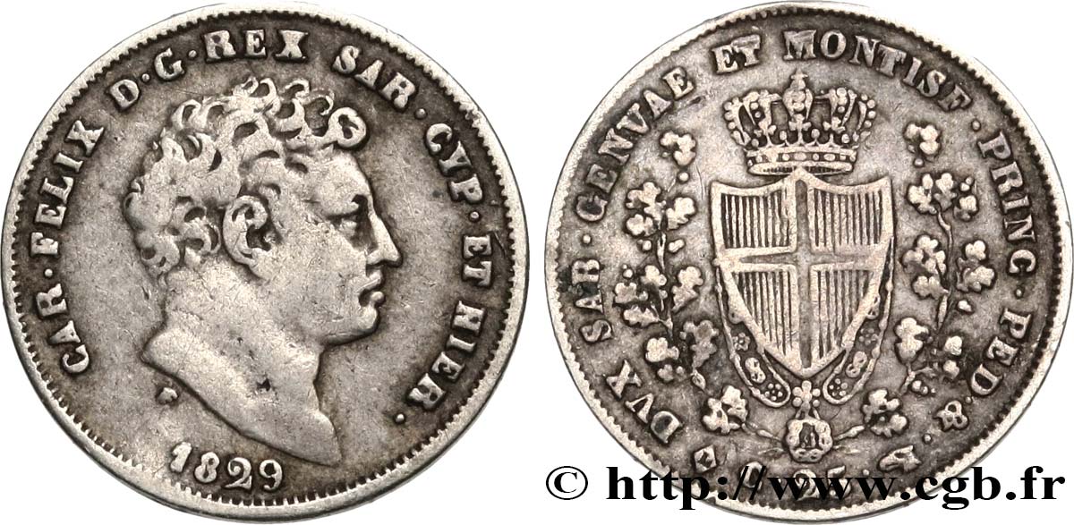 ITALY - KINGDOM OF SARDINIA 25 Centesimi Charles-Félix, roi de Sardaigne L 1829 Turin XF 