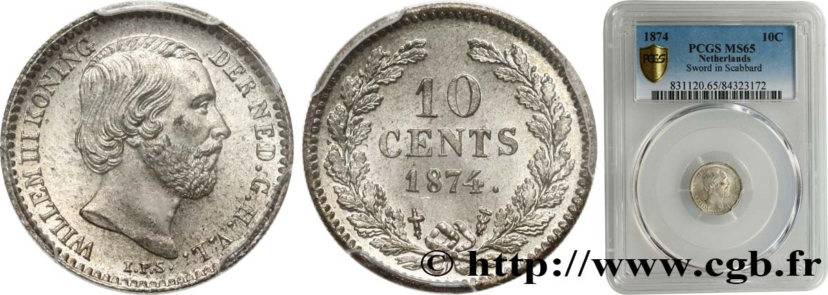 NETHERLANDS 10 Cents Guillaume III 1874 Utrecht MS65 PCGS