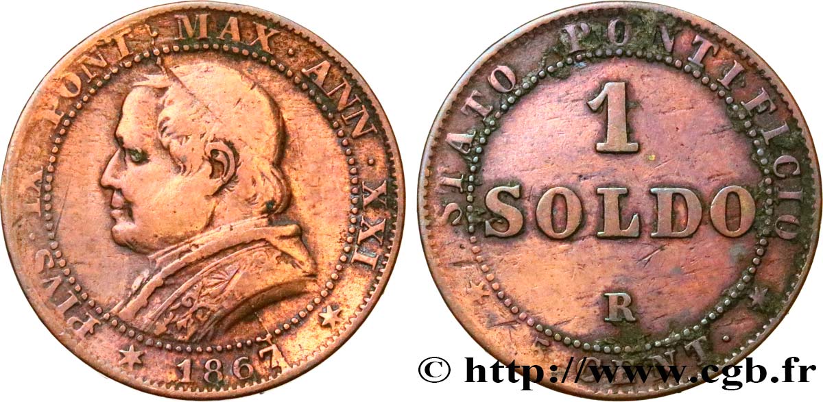 VATICAN ET ÉTATS PONTIFICAUX 1 Soldo an XXI buste large 1867 Rome TB
