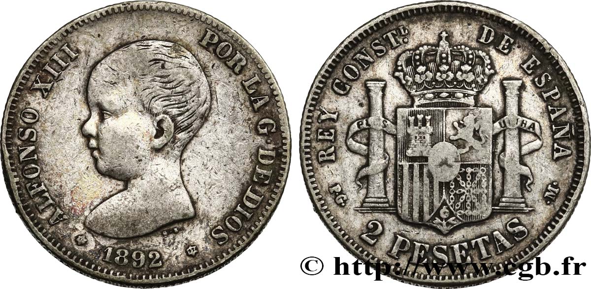 ESPAGNE 2 Pesetas Alphonse XIII 1892 Madrid TB+