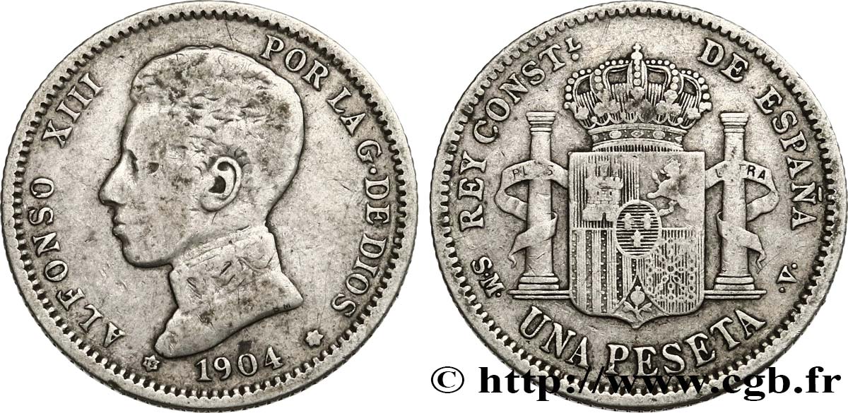 ESPAGNE 1 Peseta Alphonse XIII 4e type de buste 1904 Madrid TB
