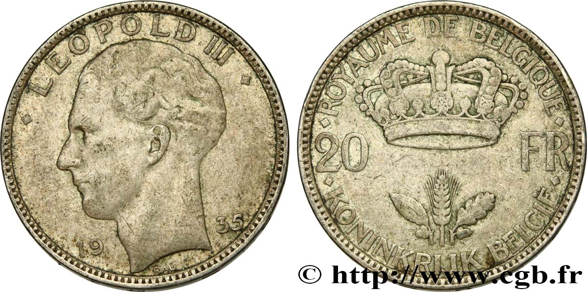 BELGIQUE 20 Francs Léopold III position B 1935 TTB