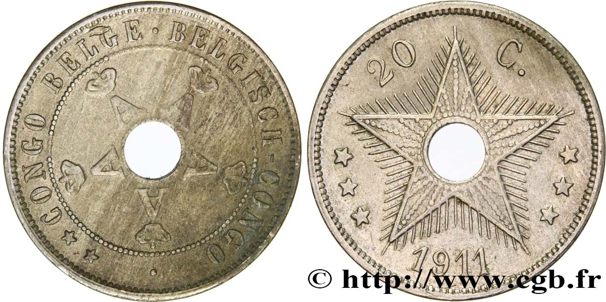 CONGO BELGA 20 Centimes monogramme A (Albert) couronné 1911 BB