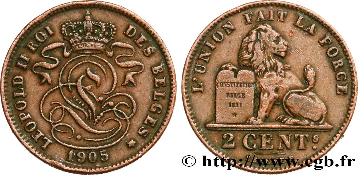 BELGIQUE 2 Centimes lion monogramme de Léopold II légende française 1905 TTB+