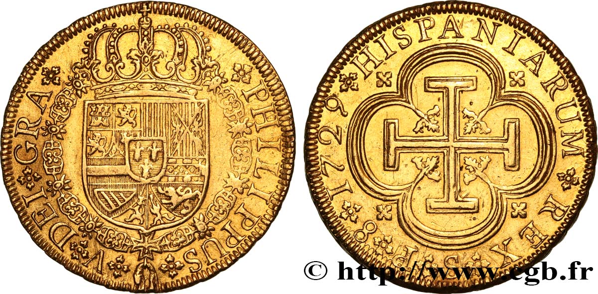 SPAIN - KINGDOM OF SPAIN - PHILIP V OF BOURBON 8 Escudos 1729 Séville AU 