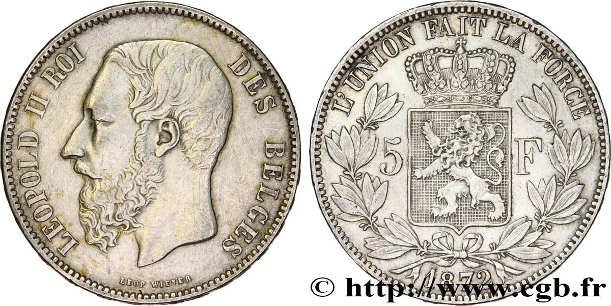 BELGIO 5 Francs Léopold II 1872 BB
