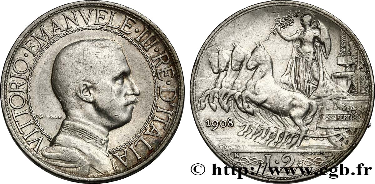 ITALIE 2 Lire Victor Emmanuel III 1er type 1908 Rome - R TB+