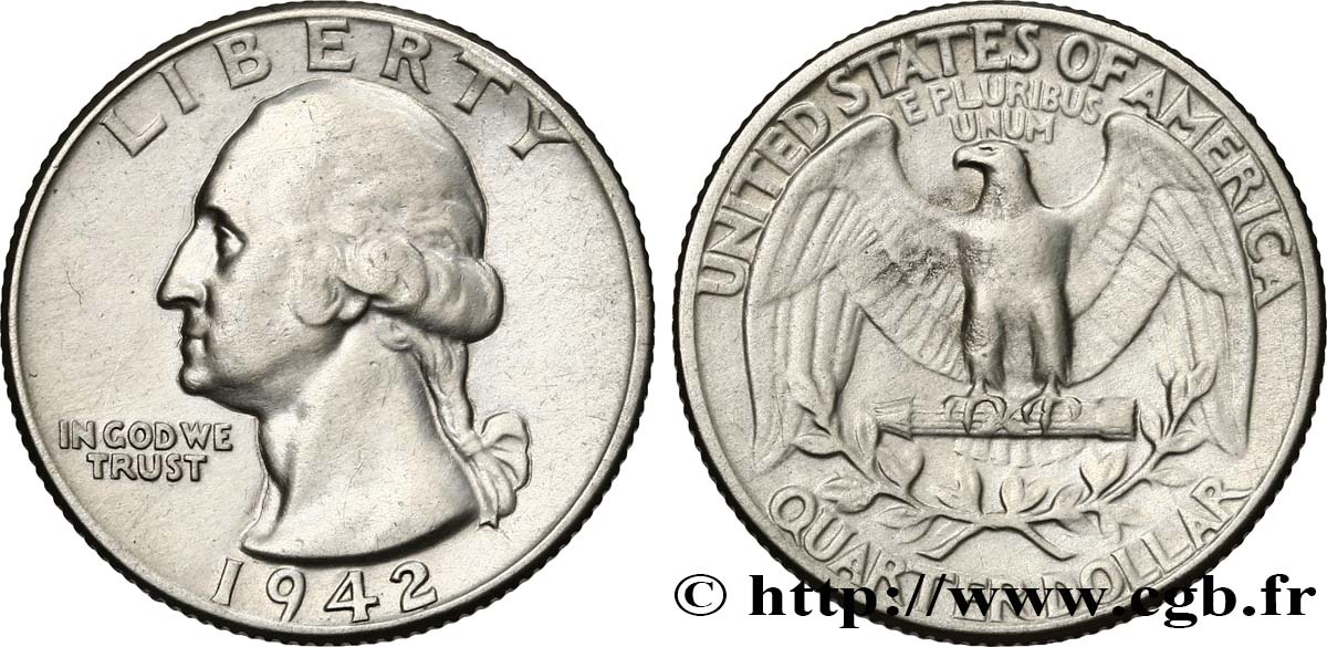 ÉTATS-UNIS D AMÉRIQUE 1/4 Dollar Georges Washington 1942 Philadelphie TTB