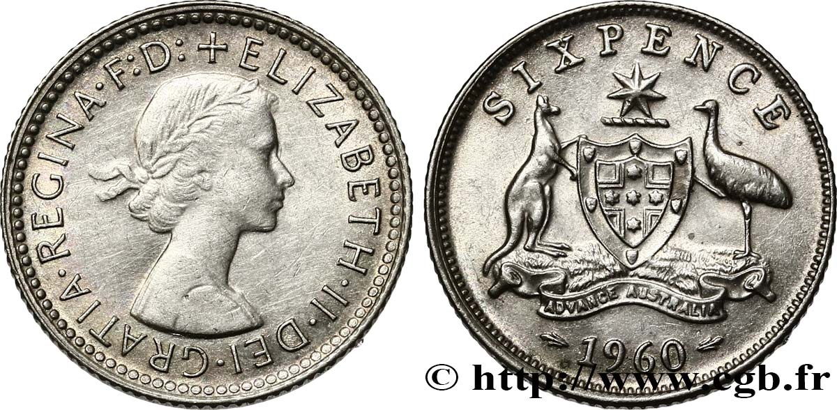 AUSTRALIE 6 Pence Elisabeth II / émeu et kangourou de part et d’autre d’un écu 1960 Melbourne TTB