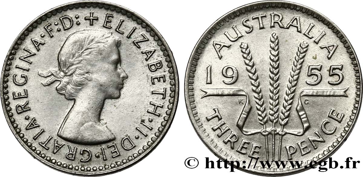 AUSTRALIE 3 Pence Elisabeth II 1955 Melbourne TTB