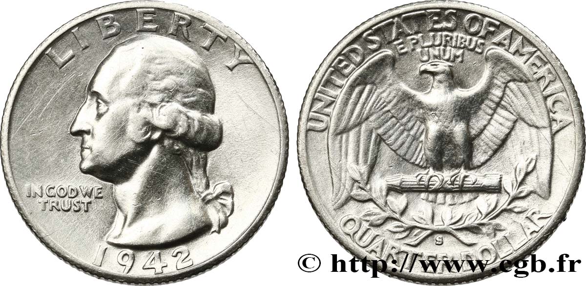 ÉTATS-UNIS D AMÉRIQUE 1/4 Dollar Georges Washington 1942 San Francisco - S TTB