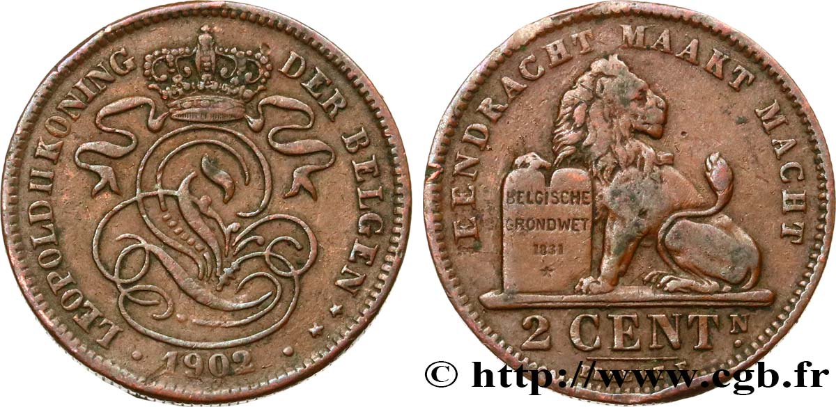 BELGIQUE 2 Centimes lion monogramme de Léopold II légende française 1902 TTB