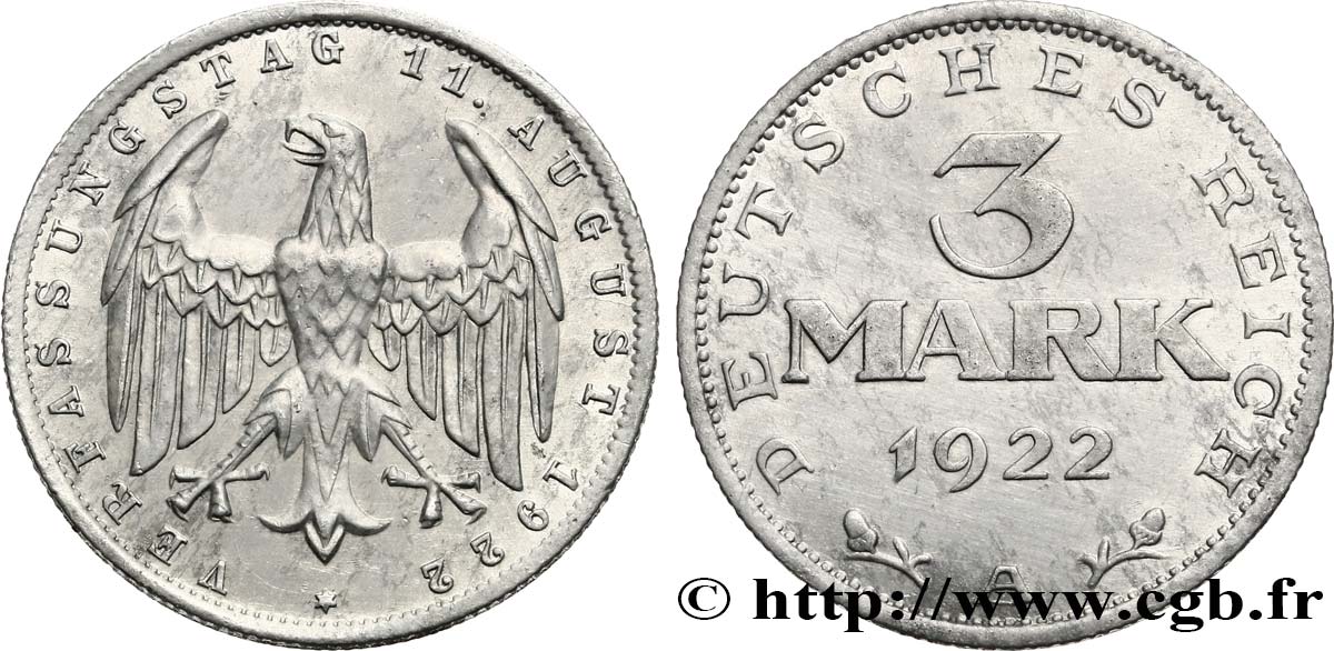 ALLEMAGNE 3 Mark Jour de la Constitution 1922 Berlin SUP