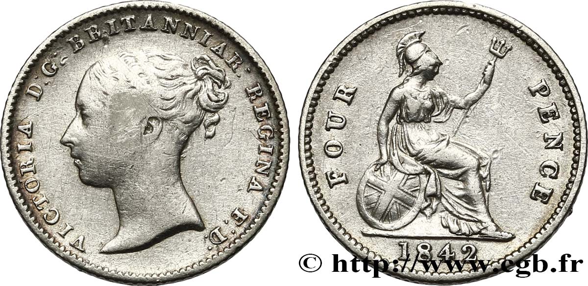 ROYAUME-UNI 4 Pence ou groat Victoria / Britannia assise 1842 Londres TB