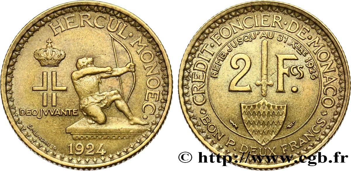 MONACO 2 Francs émission du Crédit Foncier de Monaco 1924 Poissy TTB