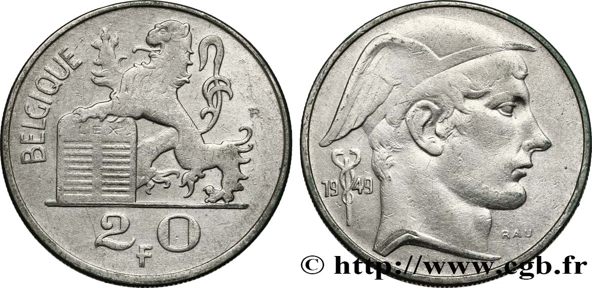 BELGIQUE 20 Francs Mercure, légende française 1949 TTB