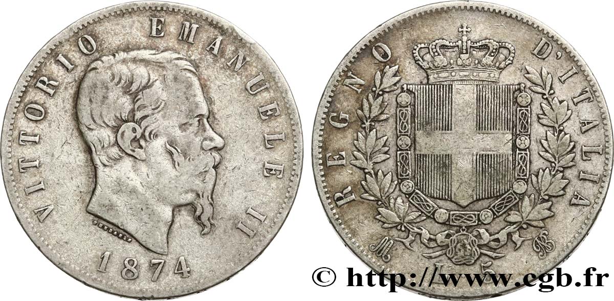 ITALIE 5 Lire Victor Emmanuel II 1874 Milan TB+