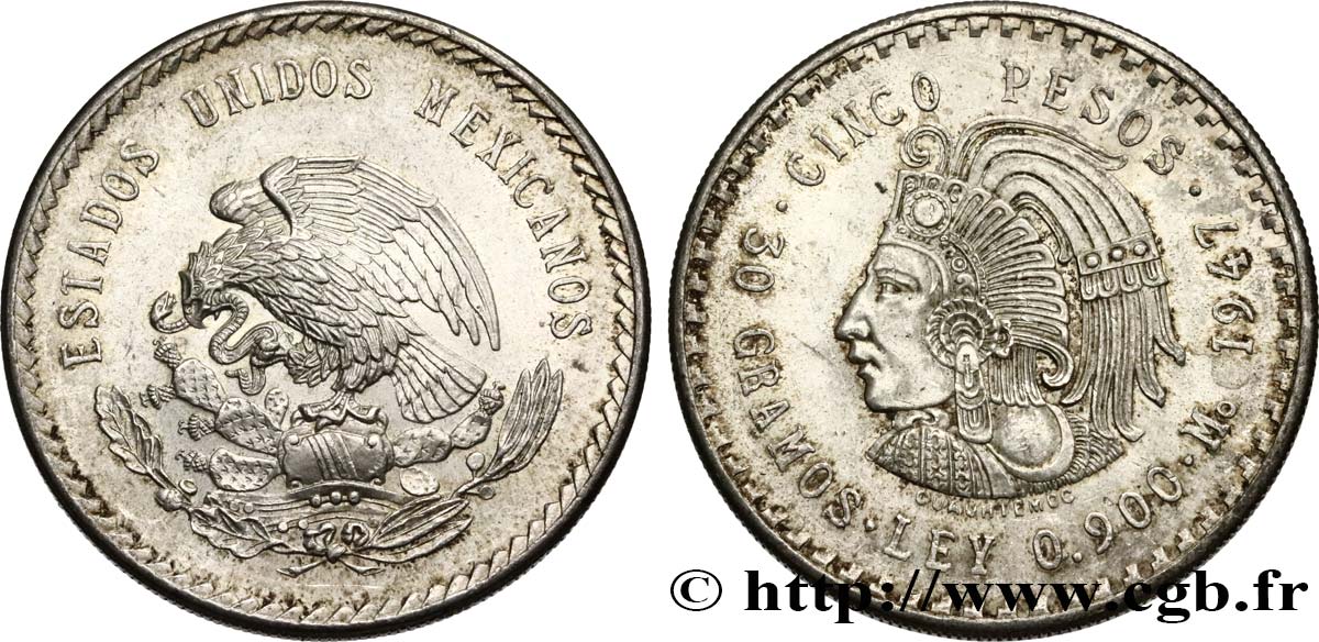 MEXIQUE 5 Pesos Cuauhtemoc 1947 Mexico SPL