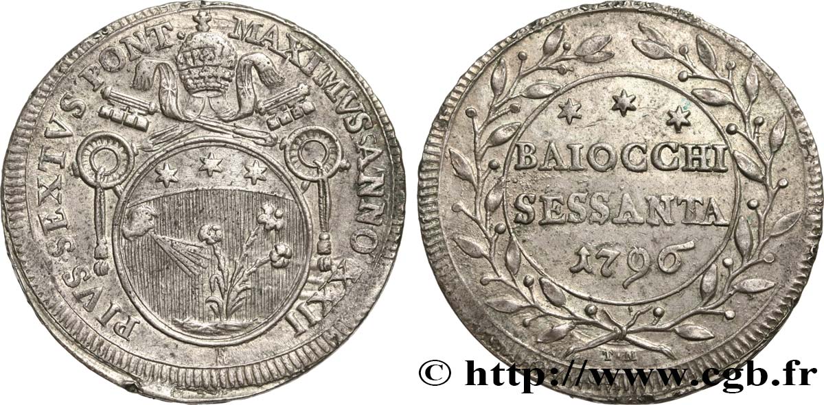 ITALIA - ESTADOS PONTIFICOS - PIUS VI (Giovanni Angelo Braschi 60 Baiocchi an XXII 1796 Rome EBC 
