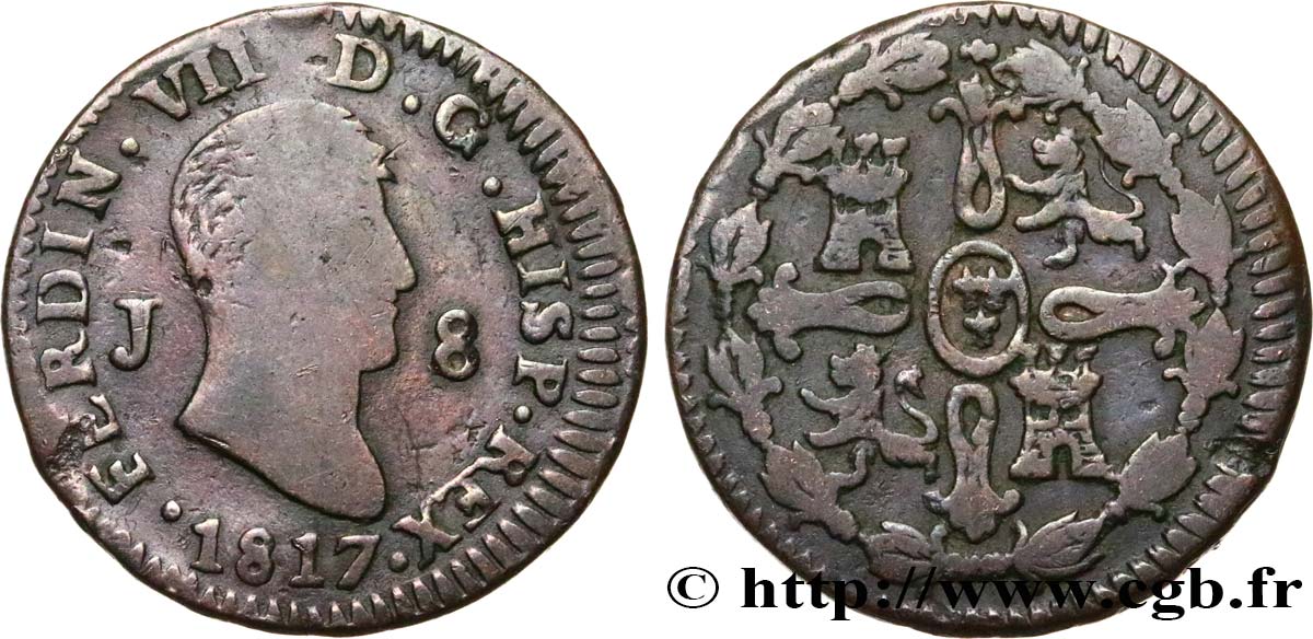 ESPAGNE 8 Maravedis Ferdinand VII 1817 Jubia TB