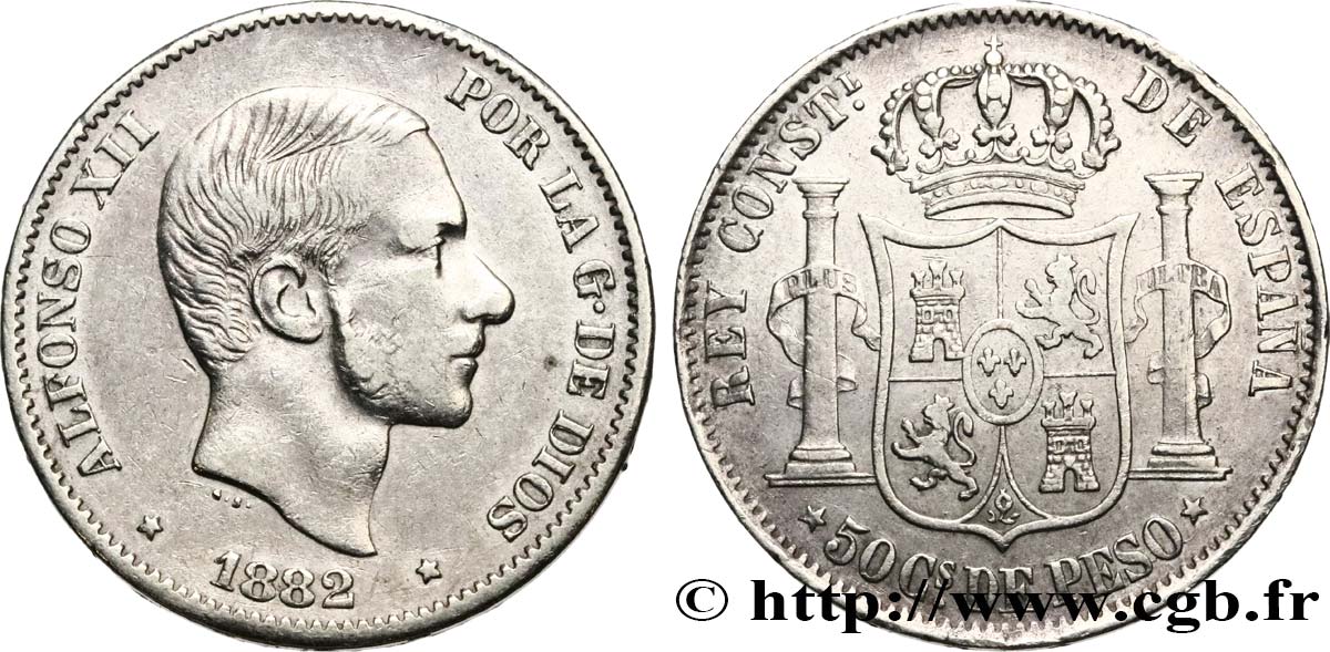 PHILIPPINES 50 Centimos de Peso Alphonse XII 1882 Manille XF 