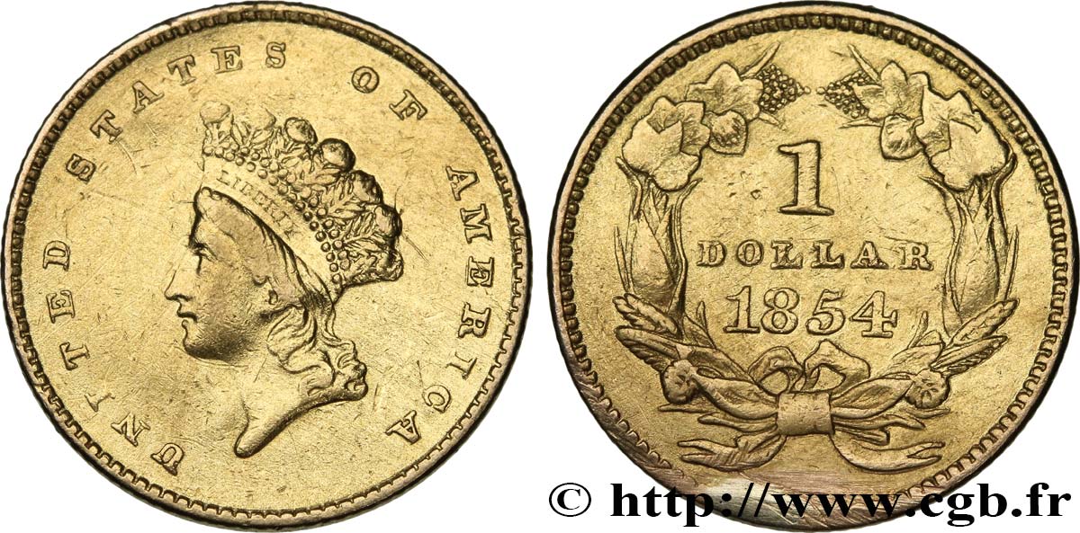 ÉTATS-UNIS D AMÉRIQUE 1 Dollar ”Indian Princess” 1854 Philadelphie q.BB 