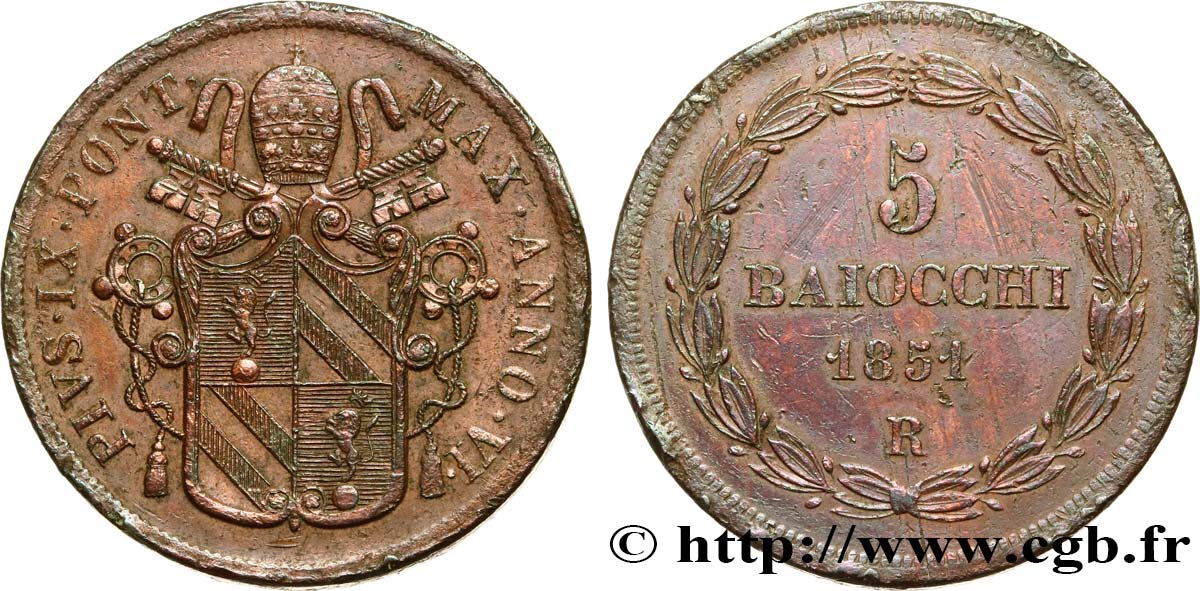 ITALY - PAPAL STATES - PIUS IX (Giovanni Maria Mastai Ferretti) 5 Baiocchi an VI 1851 Rome XF 
