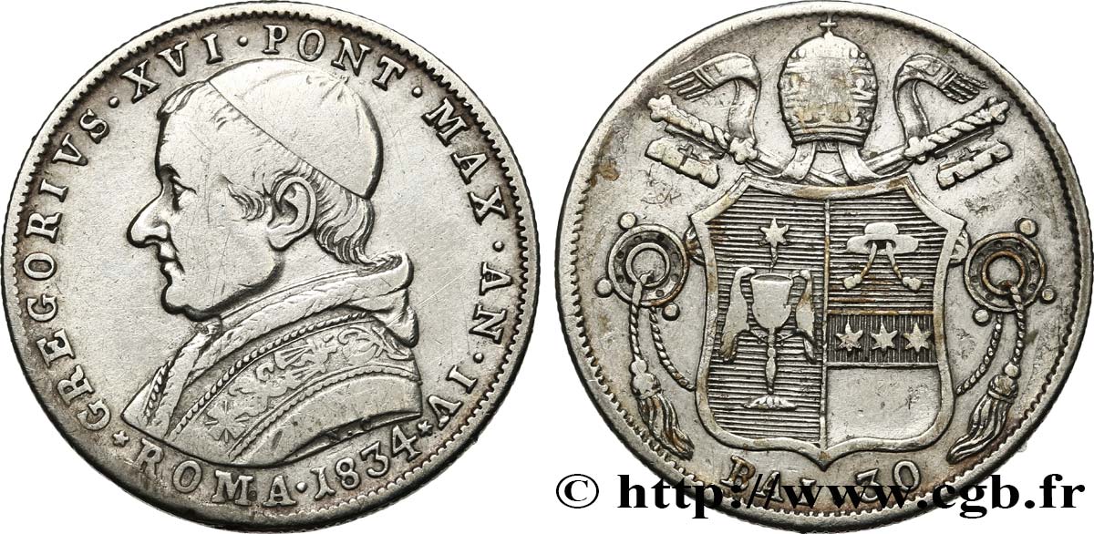 VATICAN AND PAPAL STATES 30 Baiocchi Grégoire XVI an IV 1834 Rome XF 