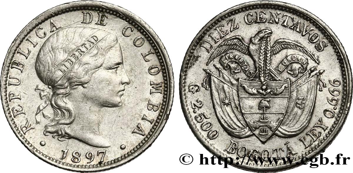 COLOMBIA 10 Centavos 1897 Bruxelles AU 