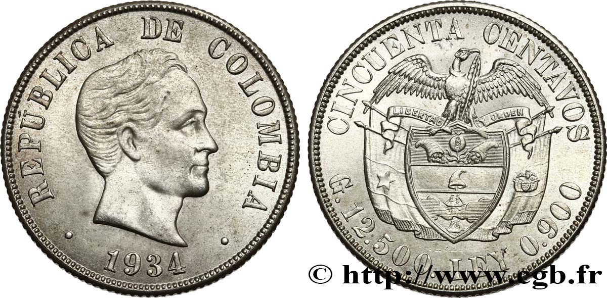 COLOMBIA 50 Centavos 1934  AU/MS 