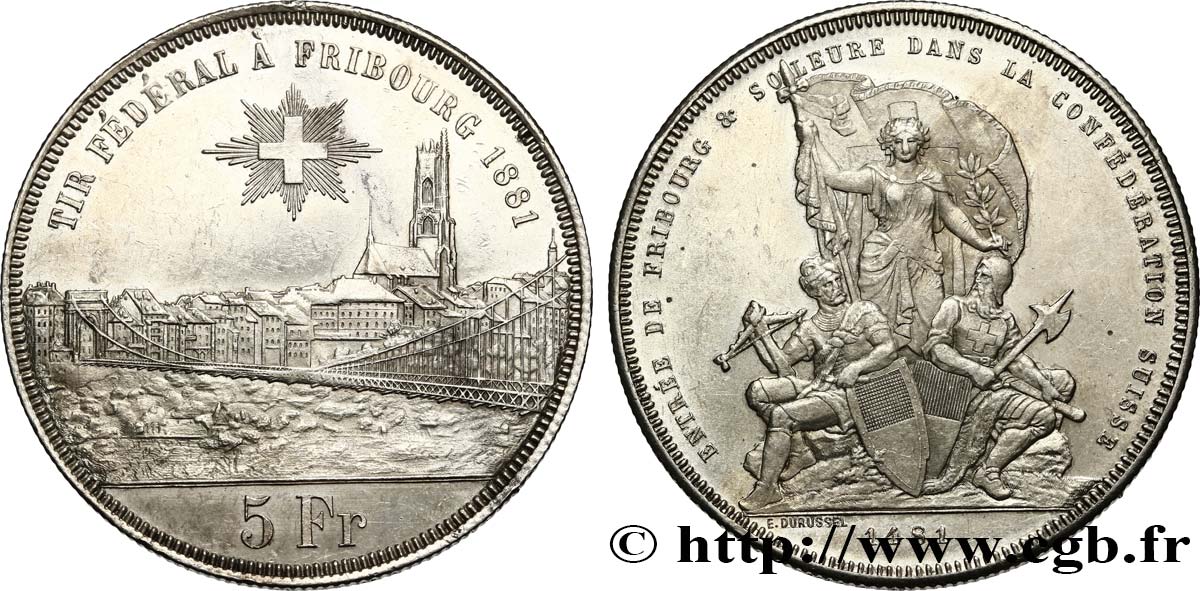 SVIZZERA  5 Francs, monnaie de Tir, Fribourg 1881  SPL+ 