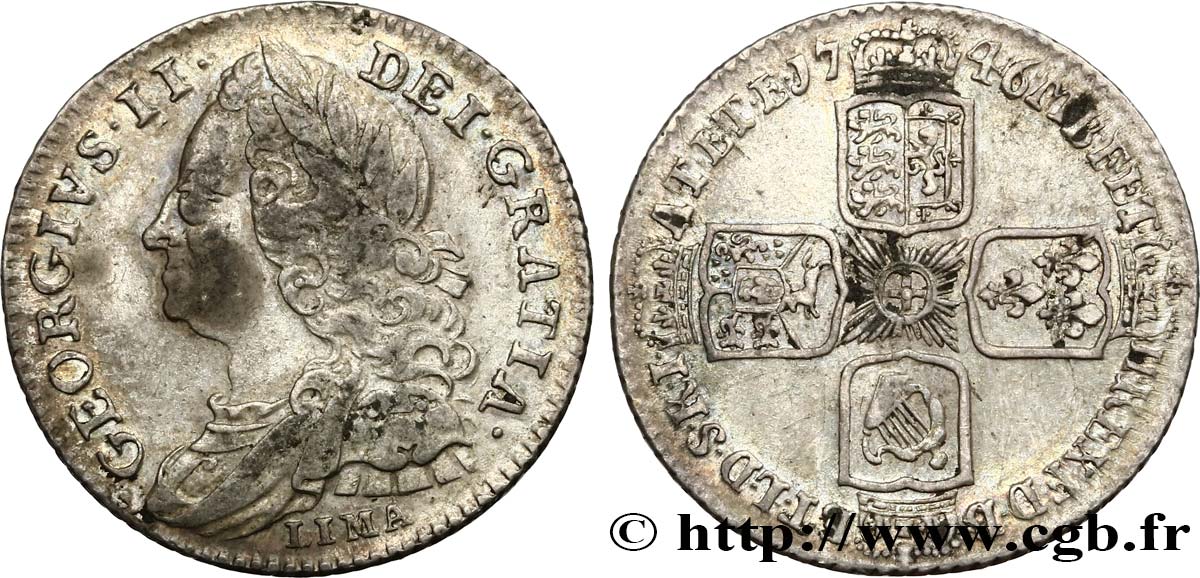 GRANDE-BRETAGNE - GEORGES II 6 Pence “Lima” 1746  TB+/TTB 
