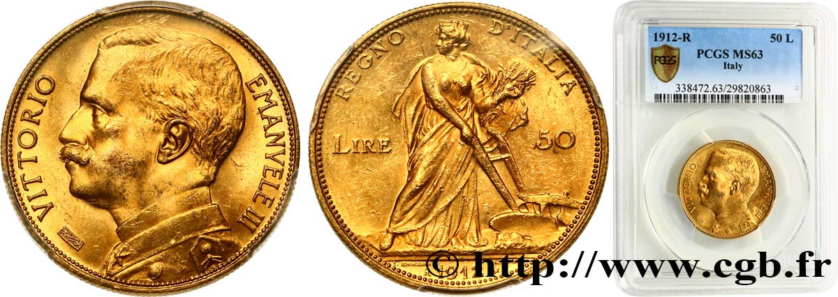 ITALY - KINGDOM OF ITALY - VICTOR-EMMANUEL III 50 Lire 1912 Rome MS63 PCGS