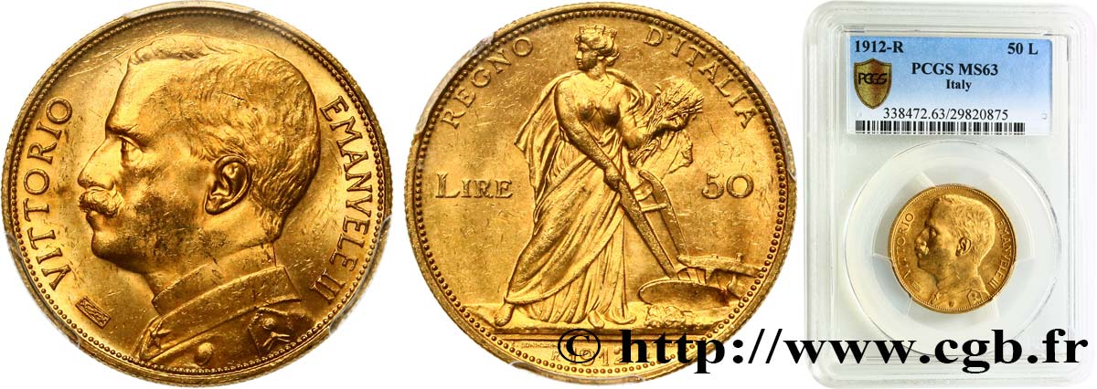 ITALIA - REGNO D ITALIA - VITTORIO EMANUELE III 50 Lire 1912 Rome MS63 PCGS