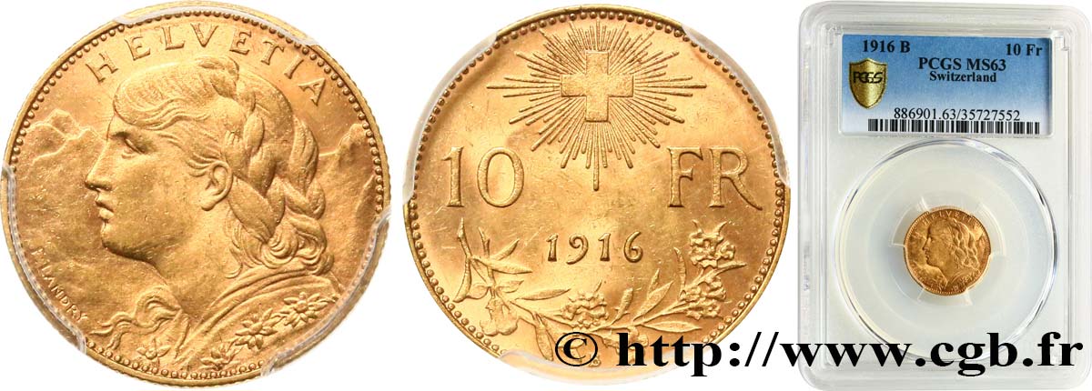 SCHWEIZ 10 Francs or  Vreneli” 1916 Berne fST63 PCGS