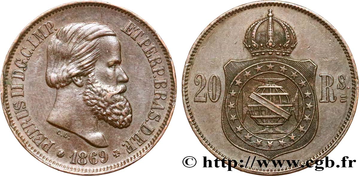 BRAZIL 20 Réis Pierre II 1869  AU 