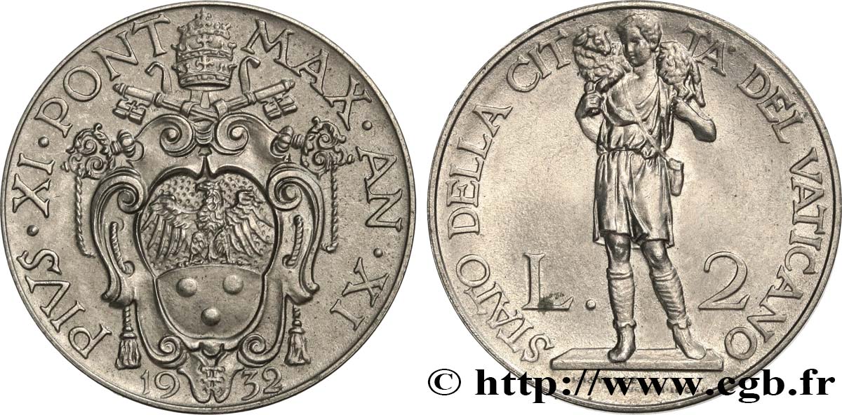 VATIKANSTAAT UND KIRCHENSTAAT 2 Lire armes du Vatican, pontificat de Pie XI an XI 1932 Rome VZ