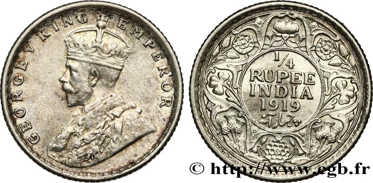 BRITISH INDIA 1/4 Roupie Georges V 1919 Calcutta AU 