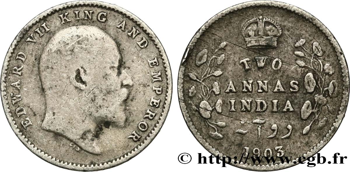 INDIA BRITANNICA 2 Annas Edouard VII 1903 Calcutta MB
