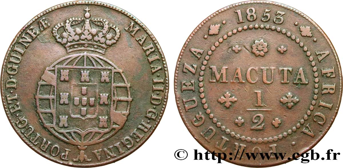 ANGOLA 1/2 Macuta Marie II (Maria) 1853  XF 
