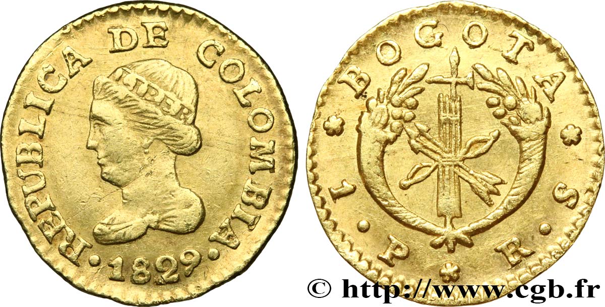 COLOMBIA 1 Peso 1829 Bogota XF/AU 
