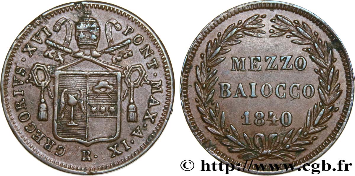 VATICAN AND PAPAL STATES 1/2 Baiocco Grégoire XVI an IX 1840 Rome AU 