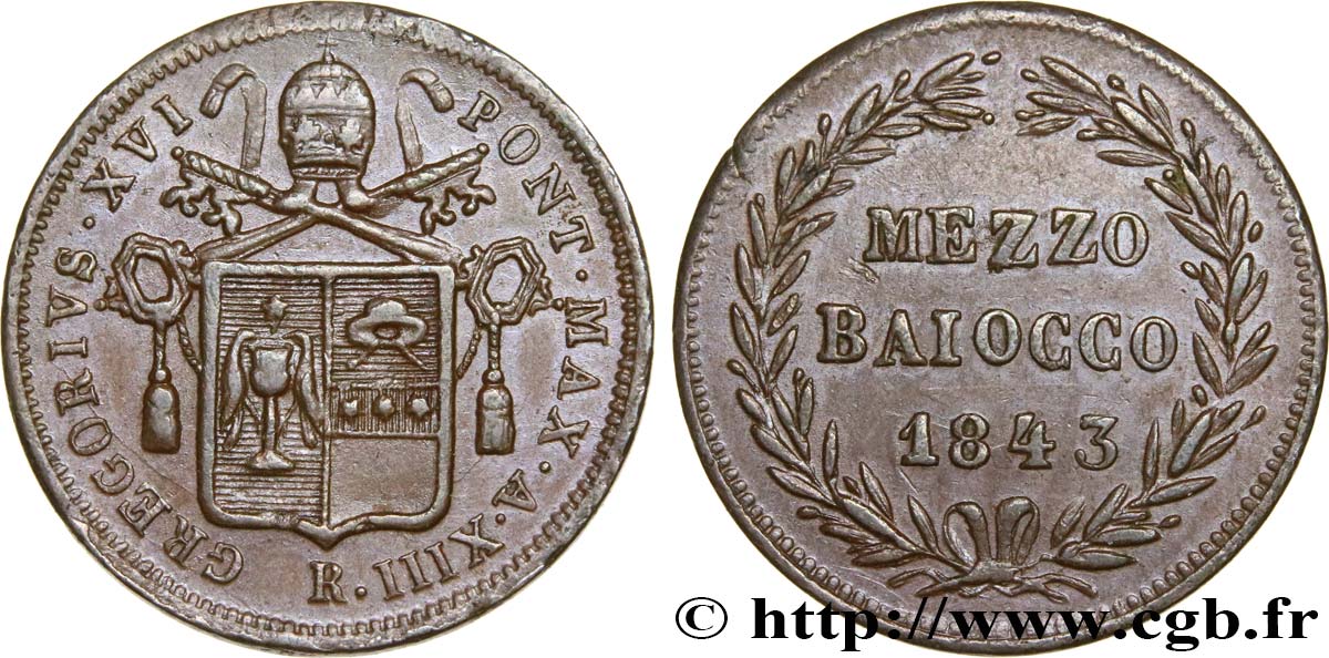 VATICAN AND PAPAL STATES 1/2 Baiocco frappé au nom de Grégoire XVI an XIII 1843 Rome AU 