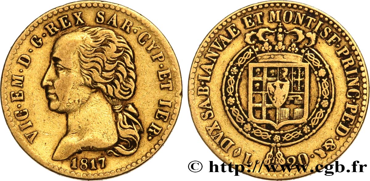 ITALY - KINGDOM OF SARDINIA - VICTOR-EMMANUEL I 20 Lire 1817 Turin VF 