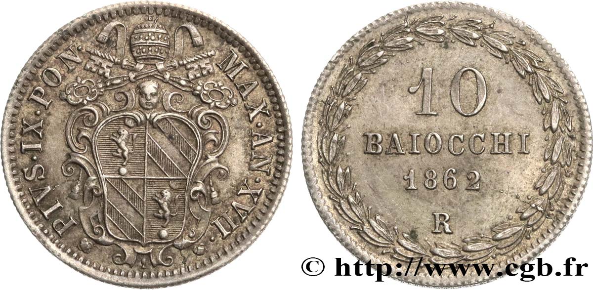 ITALY - PAPAL STATES - PIUS IX (Giovanni Maria Mastai Ferretti) 10 Baiocchi an XVII 1862 Rome AU 