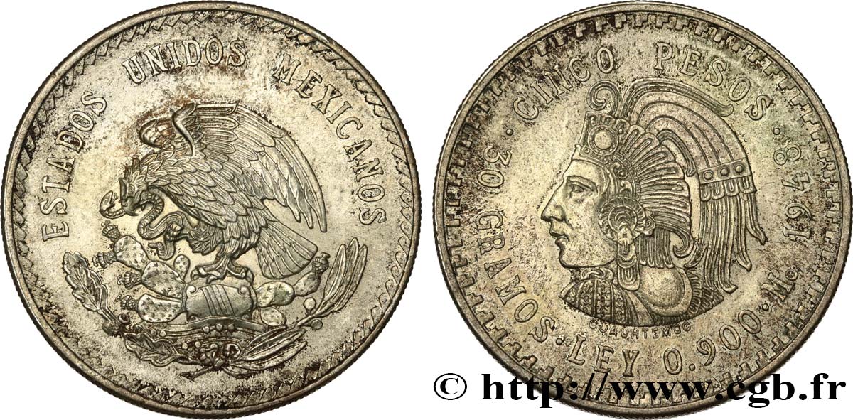 MEXIQUE 5 Pesos Buste de Cuauhtemoc 1948 Mexico SUP