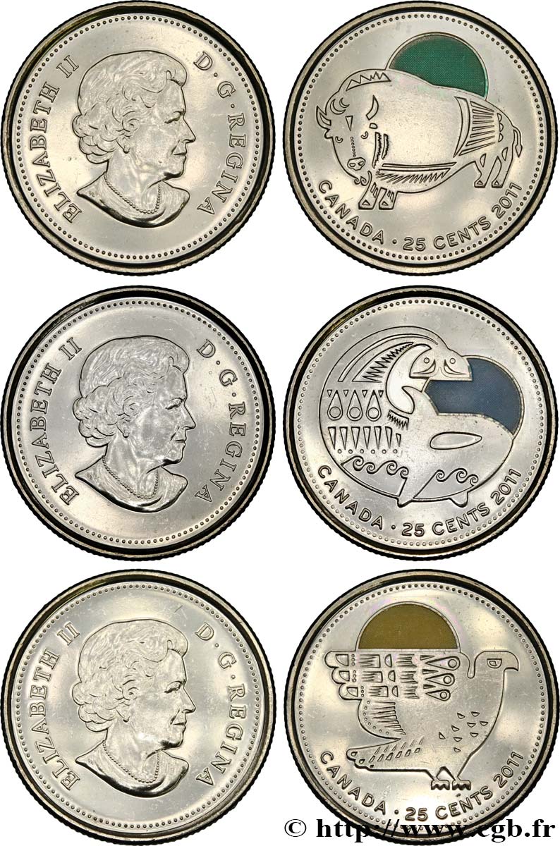 CANADA Lot de trois monnaies 25 Cents Nature légendaire au Canada 2011 Winnipeg FDC 