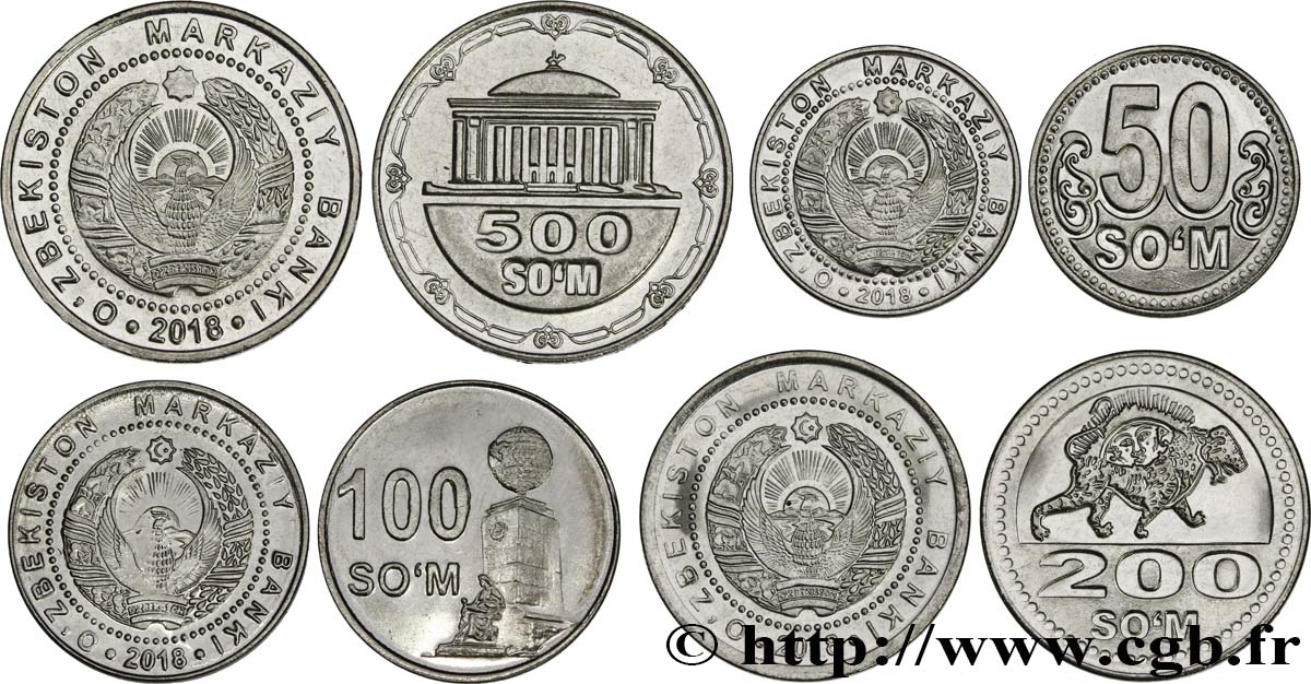 USBEKISTAN Lot de 4 monnaies 50, 100, 200 et 500 Som 2018  fST 