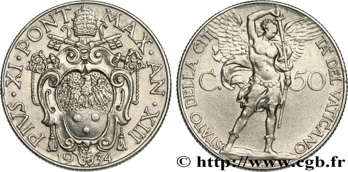 VATICAN AND PAPAL STATES 50 Centesimi Pie XI an XIII 1934 Rome XF